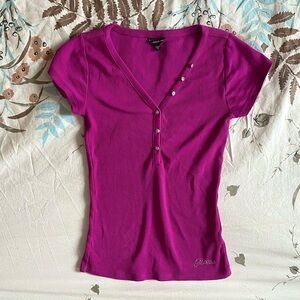 Small Guess Magenta Ribbed Henley with Rhinestone Buttons and Embellishment 💘